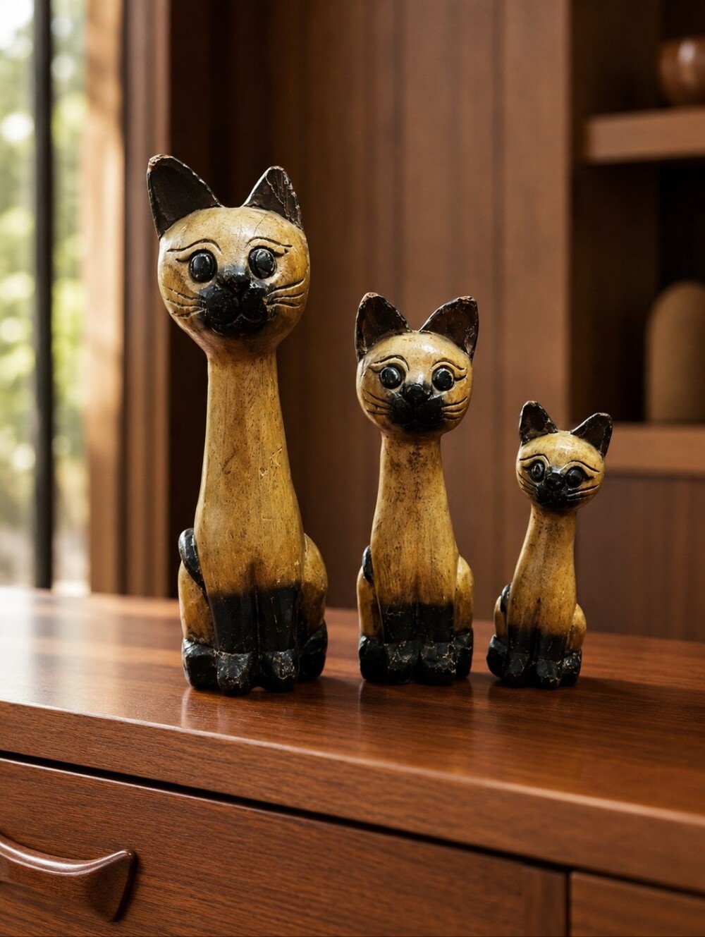 Vintage Thai Carved Wood Siamese Cat Figurines Set of 3 Mandalay Box Co